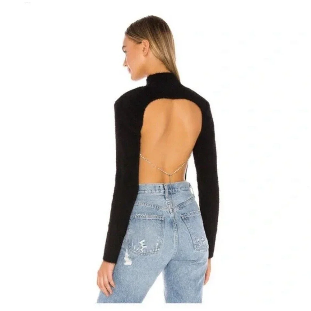 H:our Revolve Mock Neck Open Back Black Sweater With Rhinestone Chain‎ Size XS